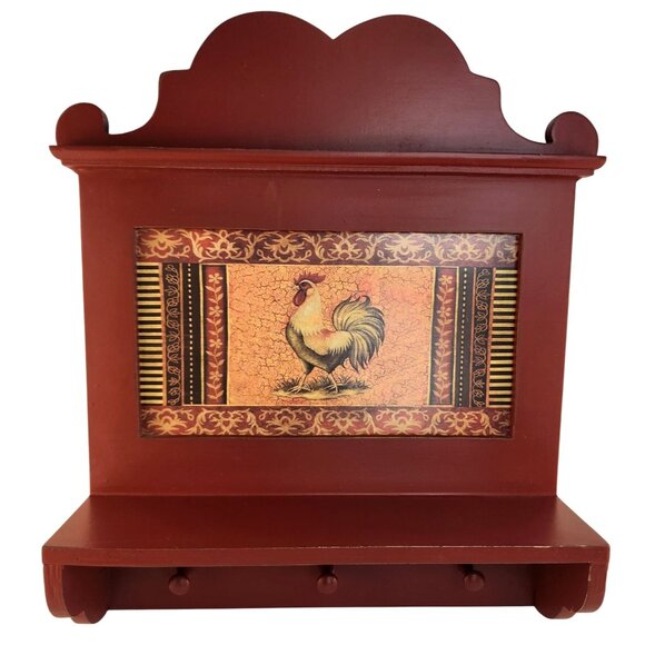 Rooster Wall Shelf With Hooks Red Wooden Wall-Mount Country Rustic Farmhouse - Picture 1 of 12